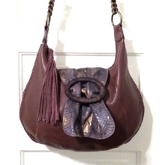 NEW Carlos Falchi CHI Brown 100% Leather Snake Skin Crescent Shoulder Bag Purse - Picture 2 of 13